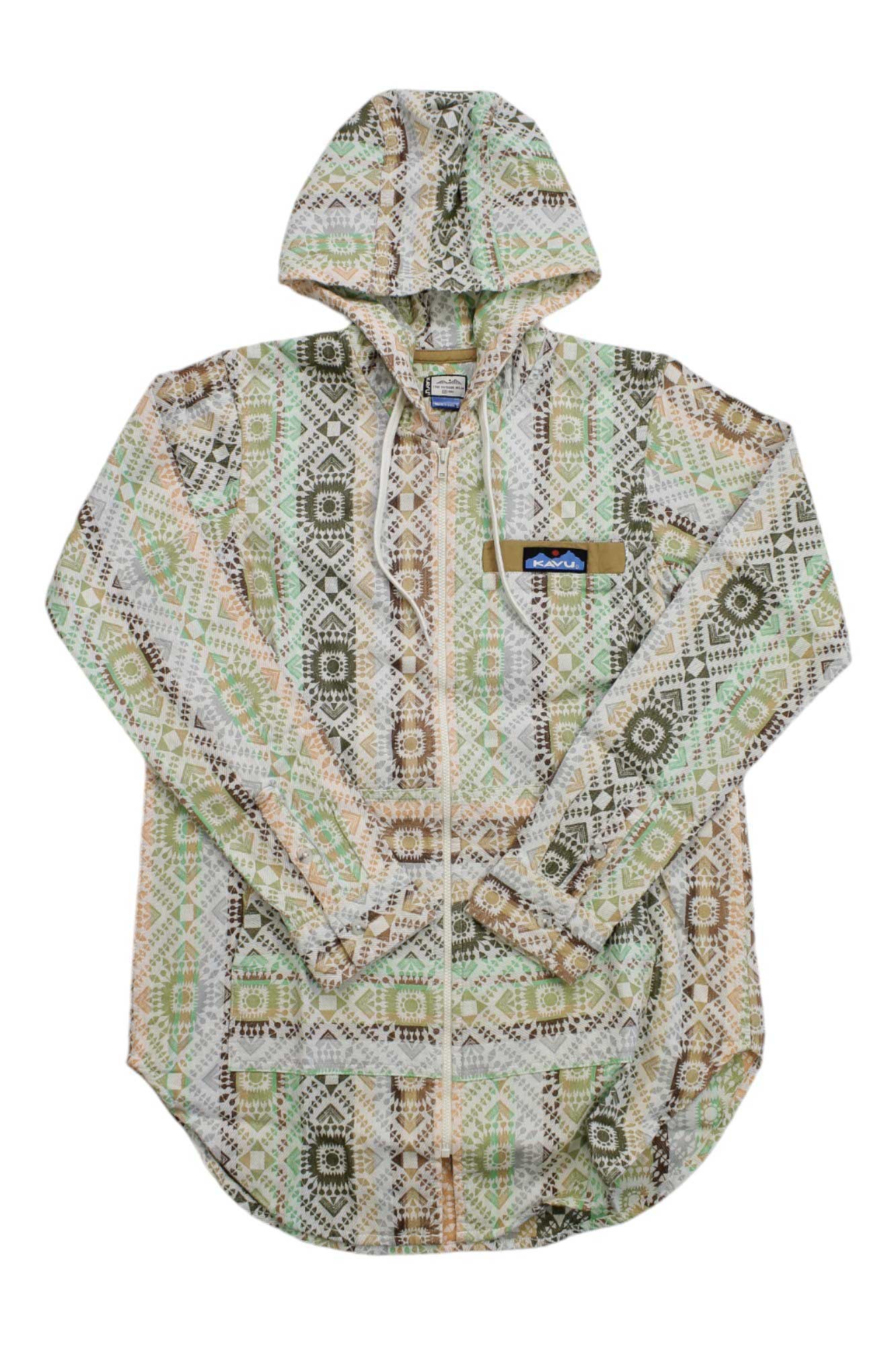 The KAVU Women's Saratoga Shirt Jacket is a long-sleeve, hooded cotton flannel with a green, beige, and brown diamond pattern, front zip, drawstrings, and a chest pocket—ideal for outdoor adventures.