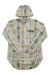 The KAVU Women's Saratoga Shirt Jacket is a long-sleeve, hooded cotton flannel with a green, beige, and brown diamond pattern, front zip, drawstrings, and a chest pocket—ideal for outdoor adventures.