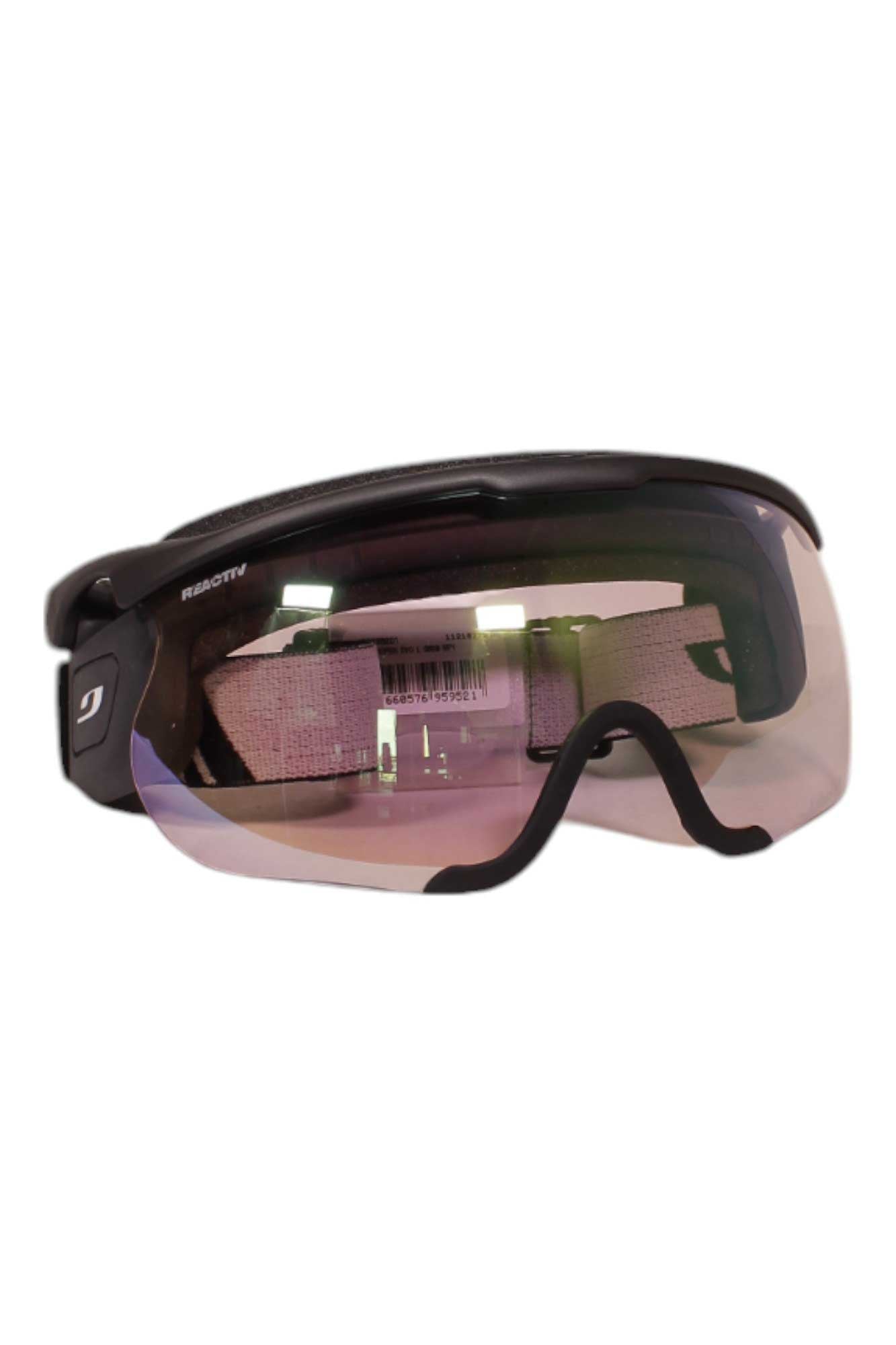 The Julbo Sniper EVO L Goggles feature a sporty, wraparound black frame with clear, slightly tinted interchangeable lenses and an adjustable strap, shown against a white background.