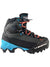 The La Sportiva Women's Aequilibrium LT GTX Boot features a black and blue design with red laces, rugged Vibram outsole for rough terrain, and prominent LA SPORTIVA branding, ideal for outdoor adventures.