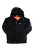The Orage Men's Miller Hybrid Insulated Jacket is a black hooded style with orange lining, front zipper, small white chest logo, and "BRAVO" on the left sleeve near the shoulder for a sporty accent.