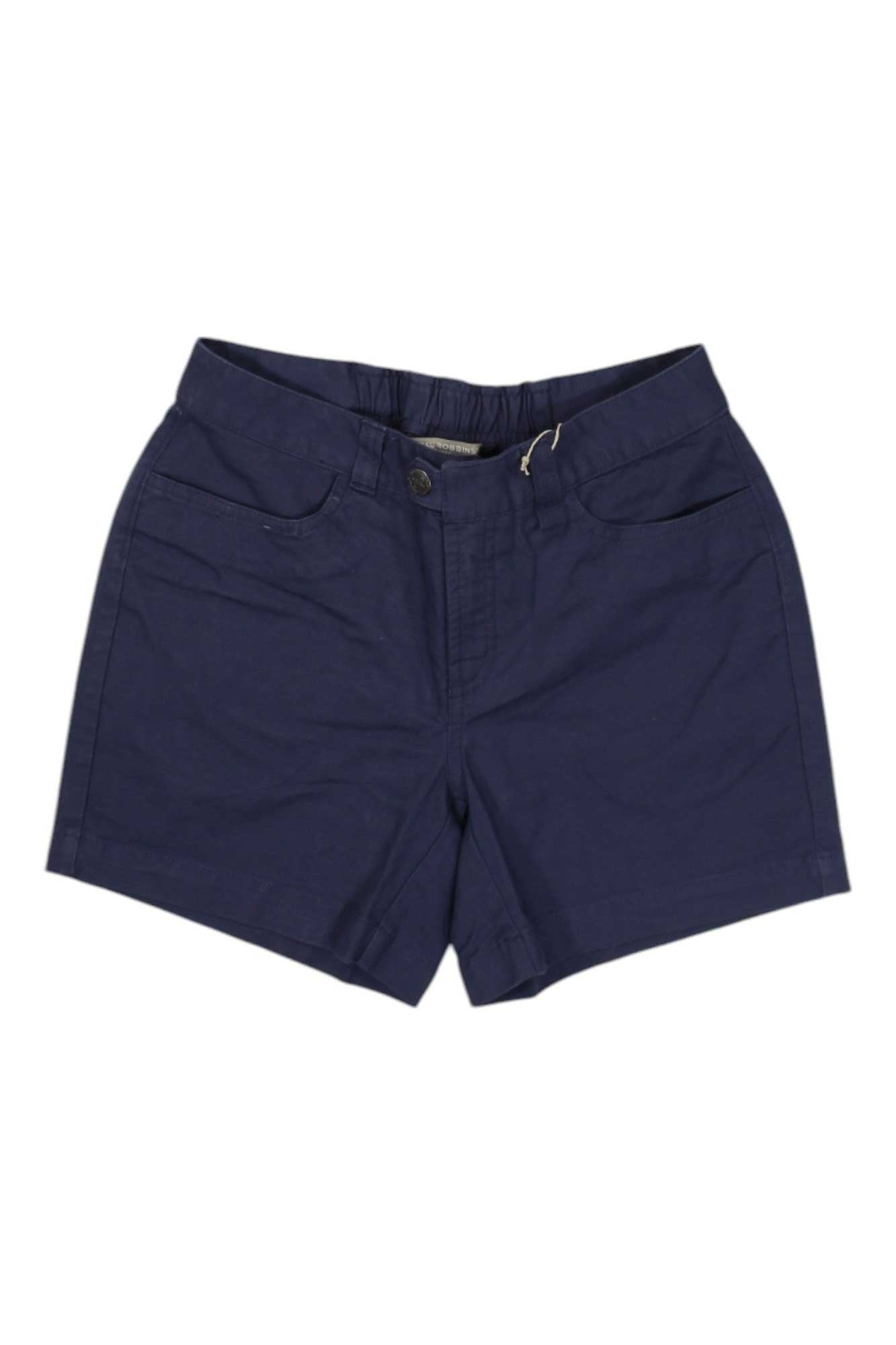 The Royal Robbins Womens Billy Goat II 5 Inch Short in navy blue features front and back pockets, belt loops, and a button-zipper closure, shown on a white background.