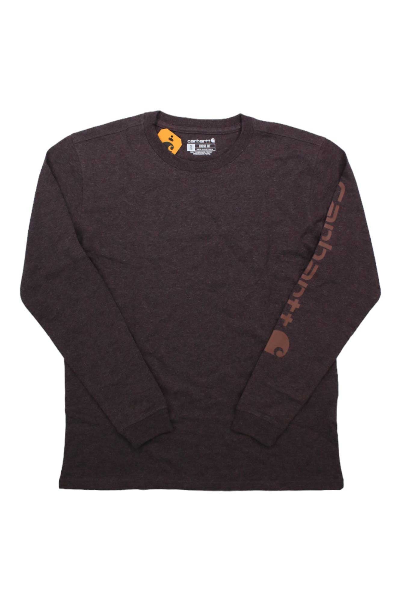 The Carhartt Womens WK231 Workwear Sleeve Logo LS T-Shirt is a dark brown, moisture-wicking long sleeve shirt with a small orange Carhartt logo on the left shoulder and bold orange Carhartt text and logo down the left sleeve.