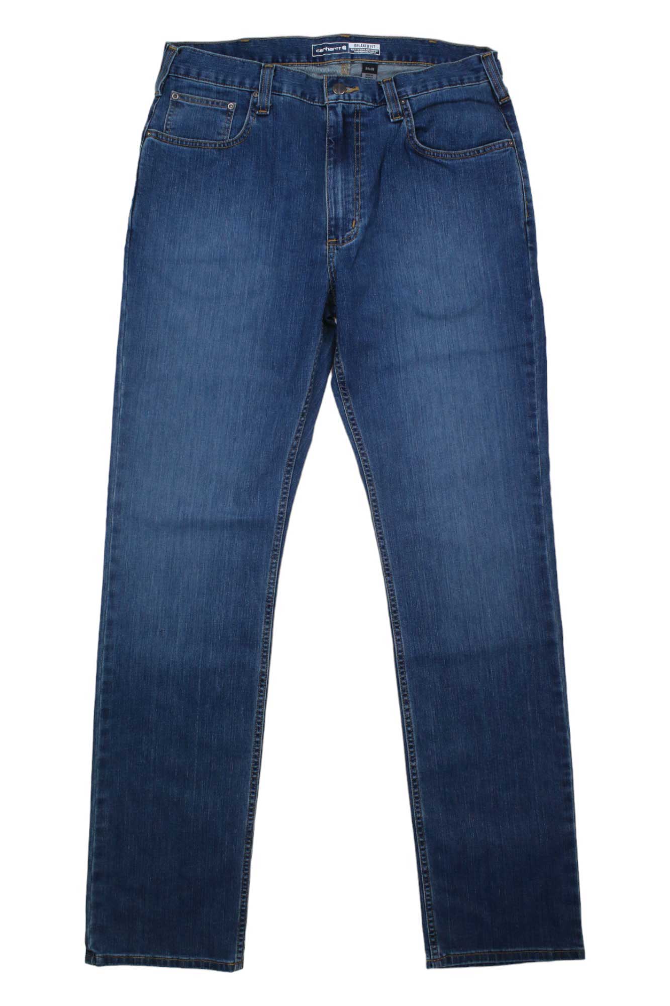 The Carhartt Mens Rugged Flex Relaxed Fit 5-Pocket Jean in blue features a straight leg, front and back pockets, belt loops, and a button closure. Shown laid flat on a white background.
