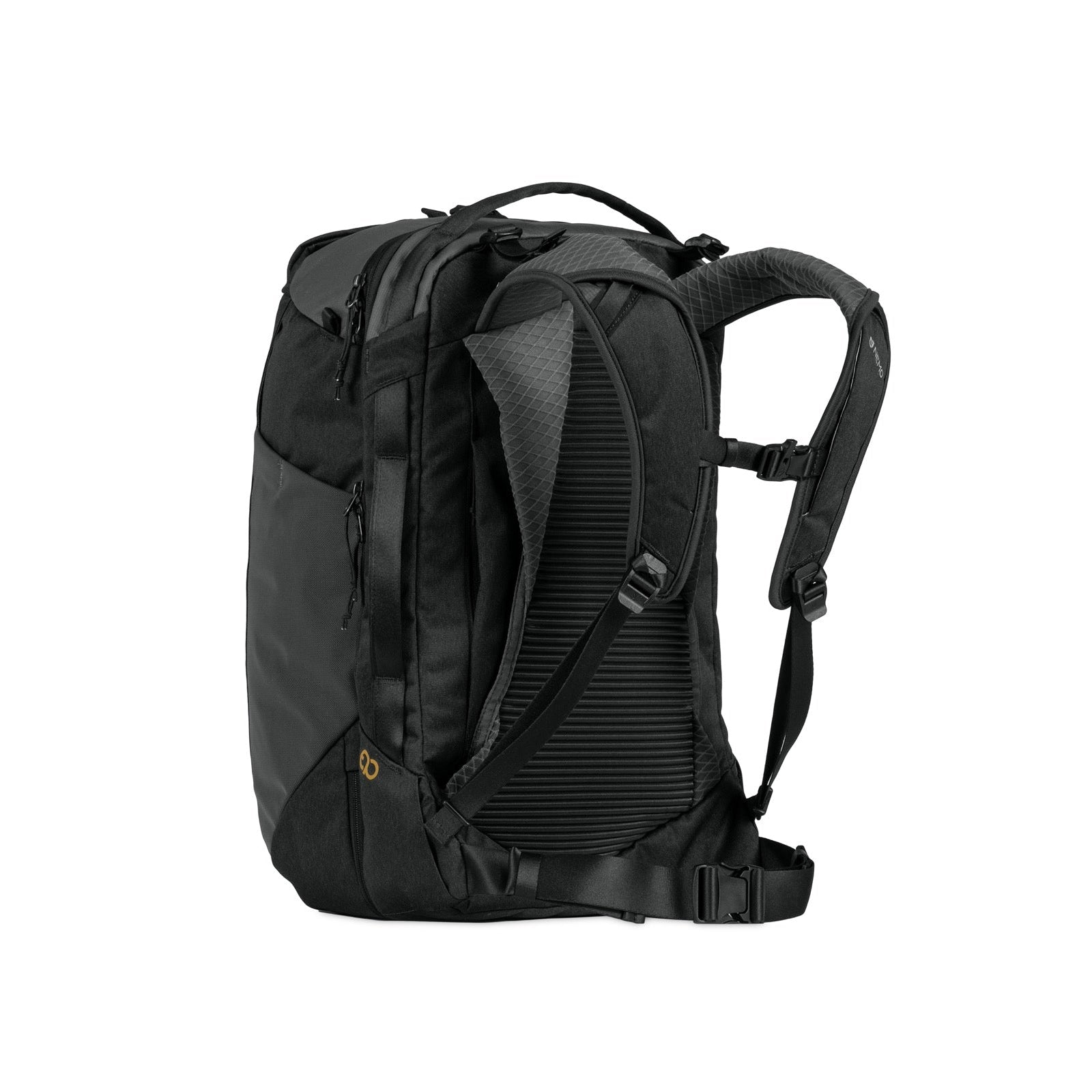 The Nemo Vantage 40L Pack is a black sustainable carry-on backpack with padded shoulder straps, chest and waist belts, multiple compartments, and a top handle, shown on a white background.