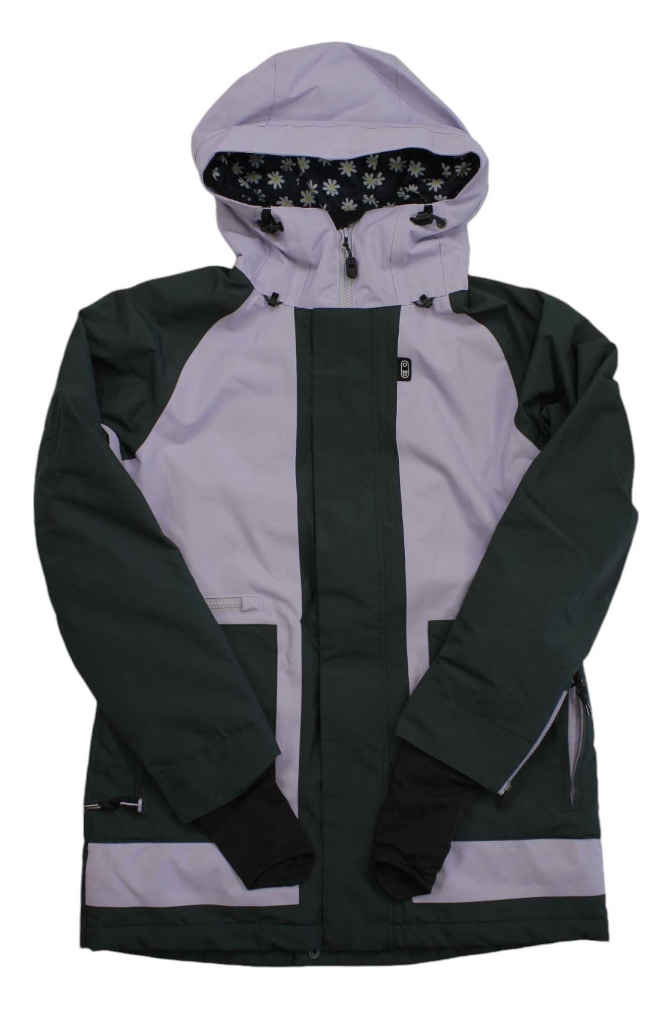 Airblaster women's storm cloak jacket with light lavender body, dark green sleeves, hood and zipper