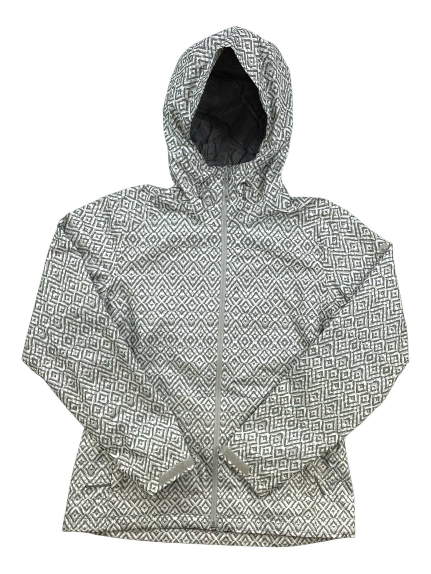 Women's grey printed zip-up jacket with hood and two front pockets, size medium