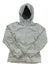 Women's grey printed zip-up jacket with hood and two front pockets, size medium