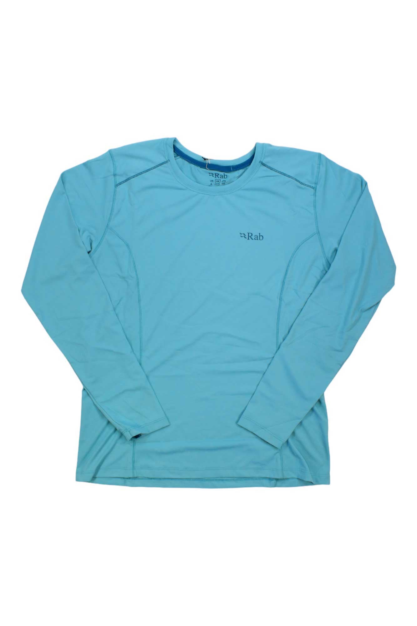 Turquoise long-sleeve crewneck tee with Rab logo on the chest