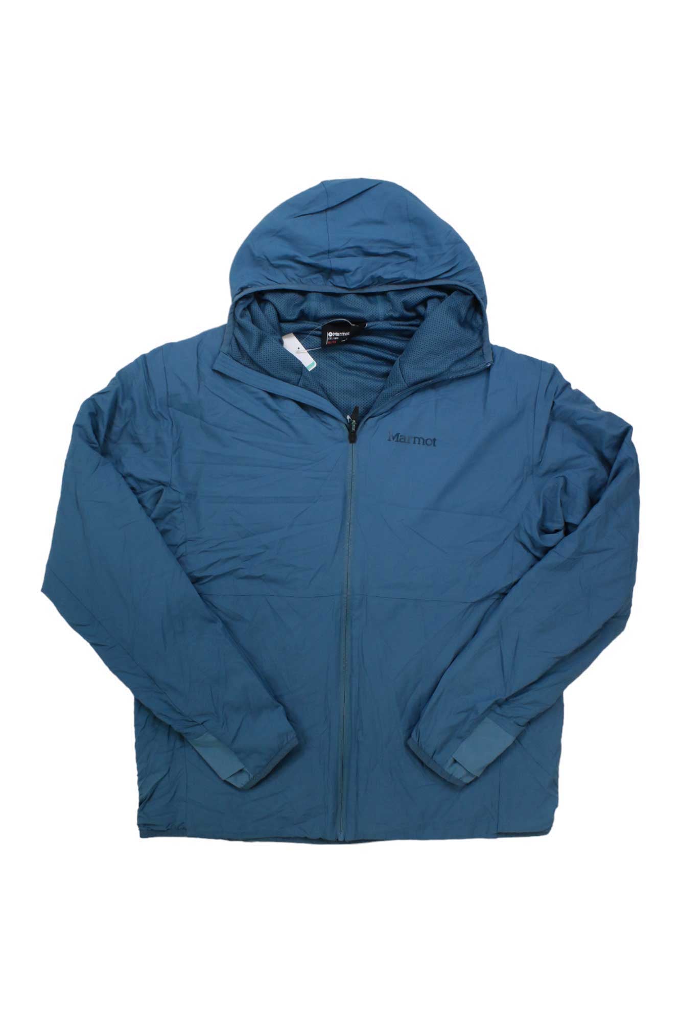 The Marmot Mens Alt HB Hoody, shown in blue and laid flat on a white background, is made from recycled nylon with a front zipper, long sleeves, and the Marmot logo on the left chest; ideal for hiking.