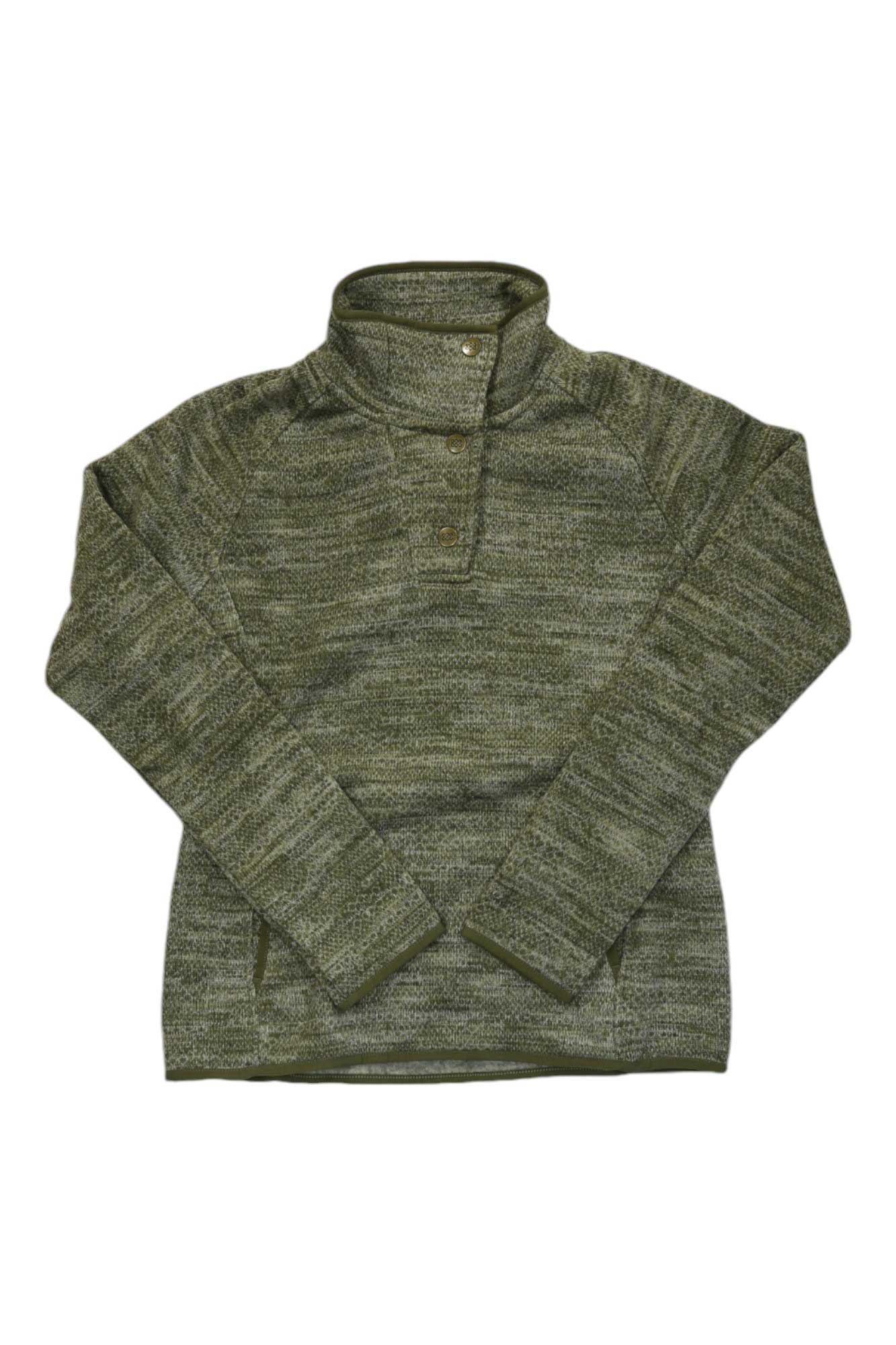 The Sherpa Women's Lumbini Pullover, a green recycled polyester sweater with long sleeves, high collar, button placket, and subtle horizontal patterns, is laid flat on a white background.