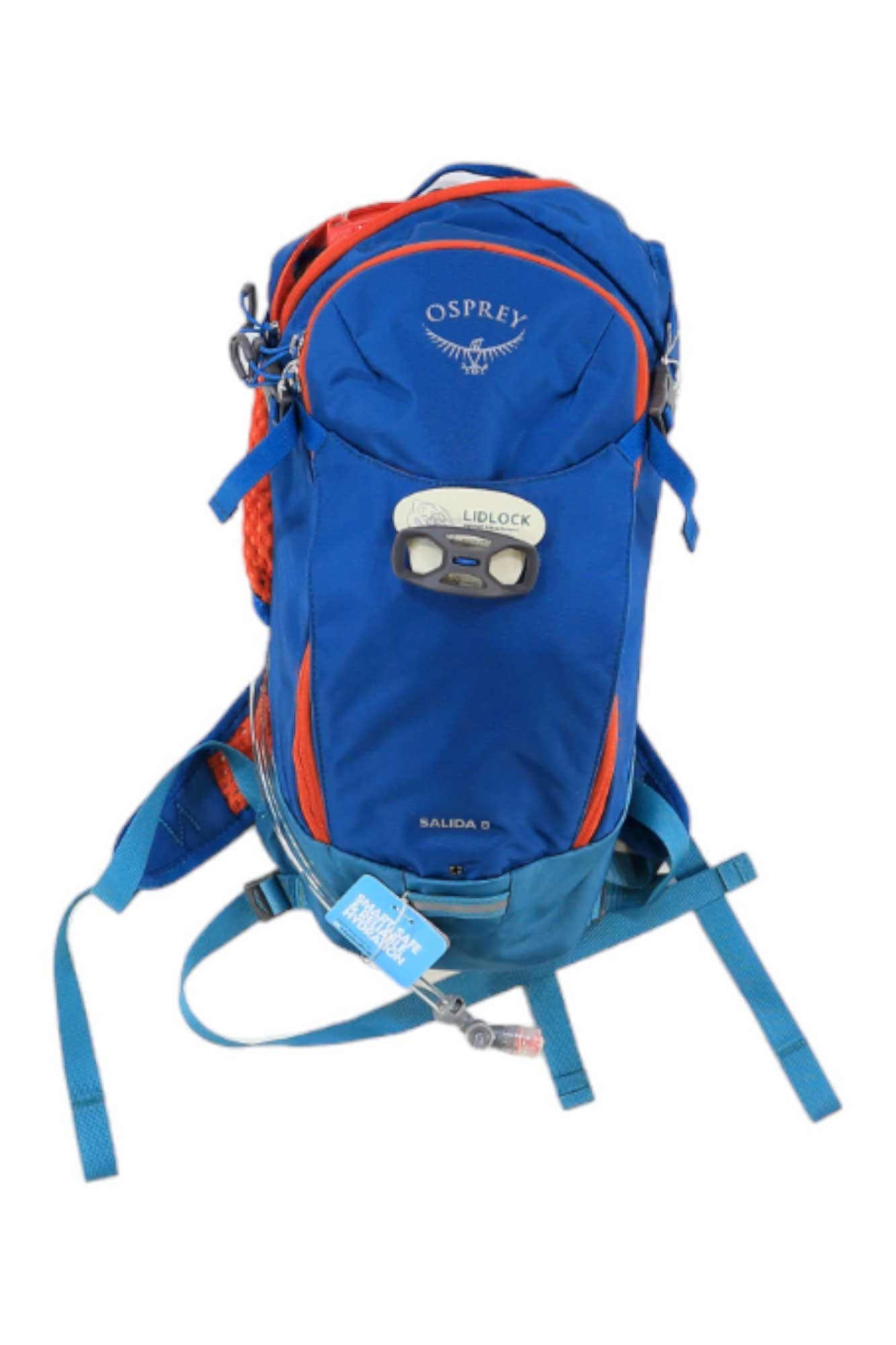 Osprey Womens Salida 8 Bike Hydration Pack in blue and orange, featuring multiple straps, mesh side pockets, LidLock helmet attachment, and an Adventure Time keychain. Trusted brand with fast US shipping available.