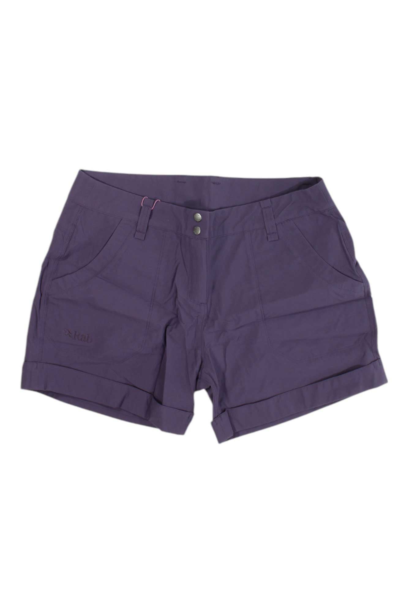 The Rab Womens Helix Short features front pockets, belt loops, and a double-button waistband. Made from lightweight fabric in purple, they're ideal for outdoor adventures or casual outings on the trail.