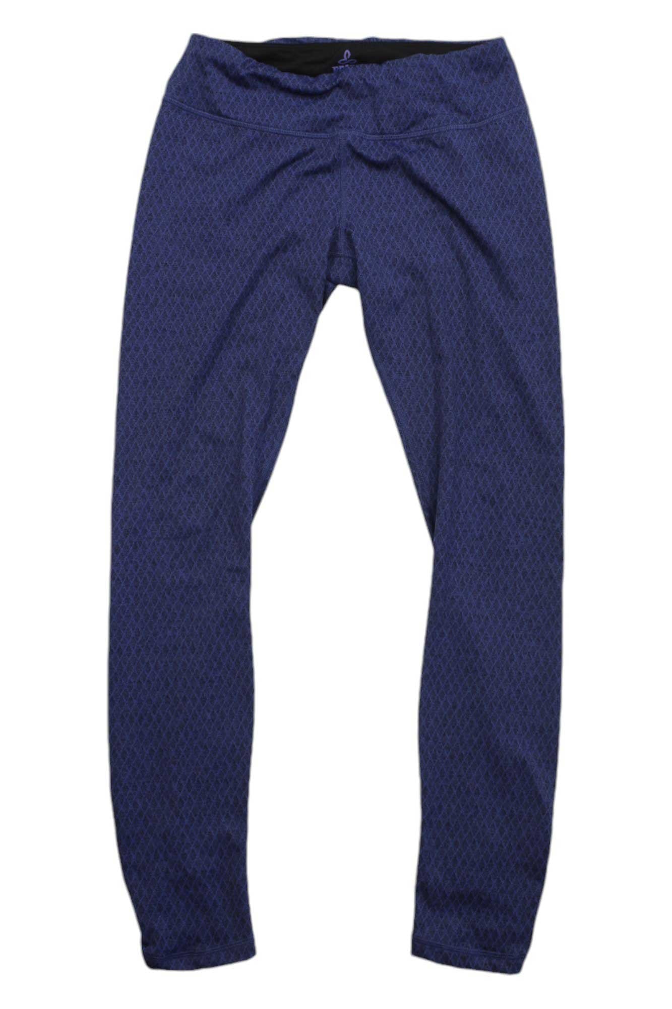 Prana Womens Misty Yoga Leggings in blue featuring a subtle small-scale geometric pattern and a hidden key pocket, displayed flat on a white background.