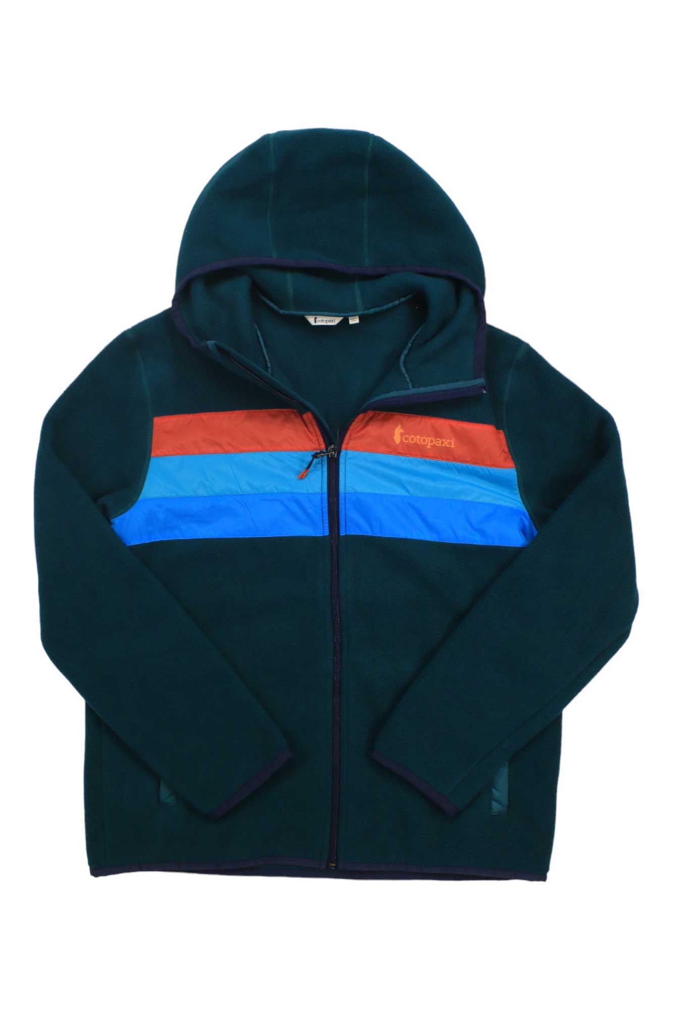 The Cotopaxi Womens Teca Fleece Hooded Full-Zip Jacket features dark green recycled fleece with red, blue, and light blue horizontal chest stripes, a cozy hood, full-zip front, and the Cotopaxi logo on the left side.