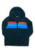 The Cotopaxi Womens Teca Fleece Hooded Full-Zip Jacket features dark green recycled fleece with red, blue, and light blue horizontal chest stripes, a cozy hood, full-zip front, and the Cotopaxi logo on the left side.