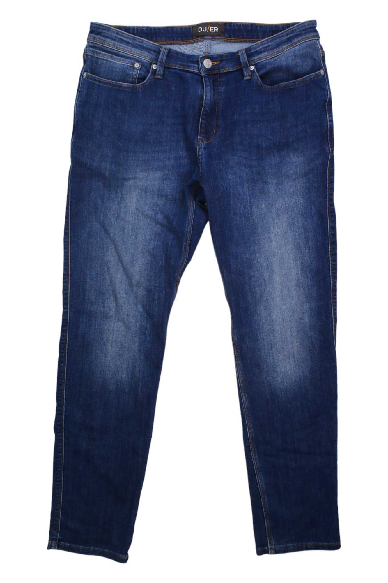 Men's slim-fit performance denim jeans in medium blue, button fly, 5-pocket.