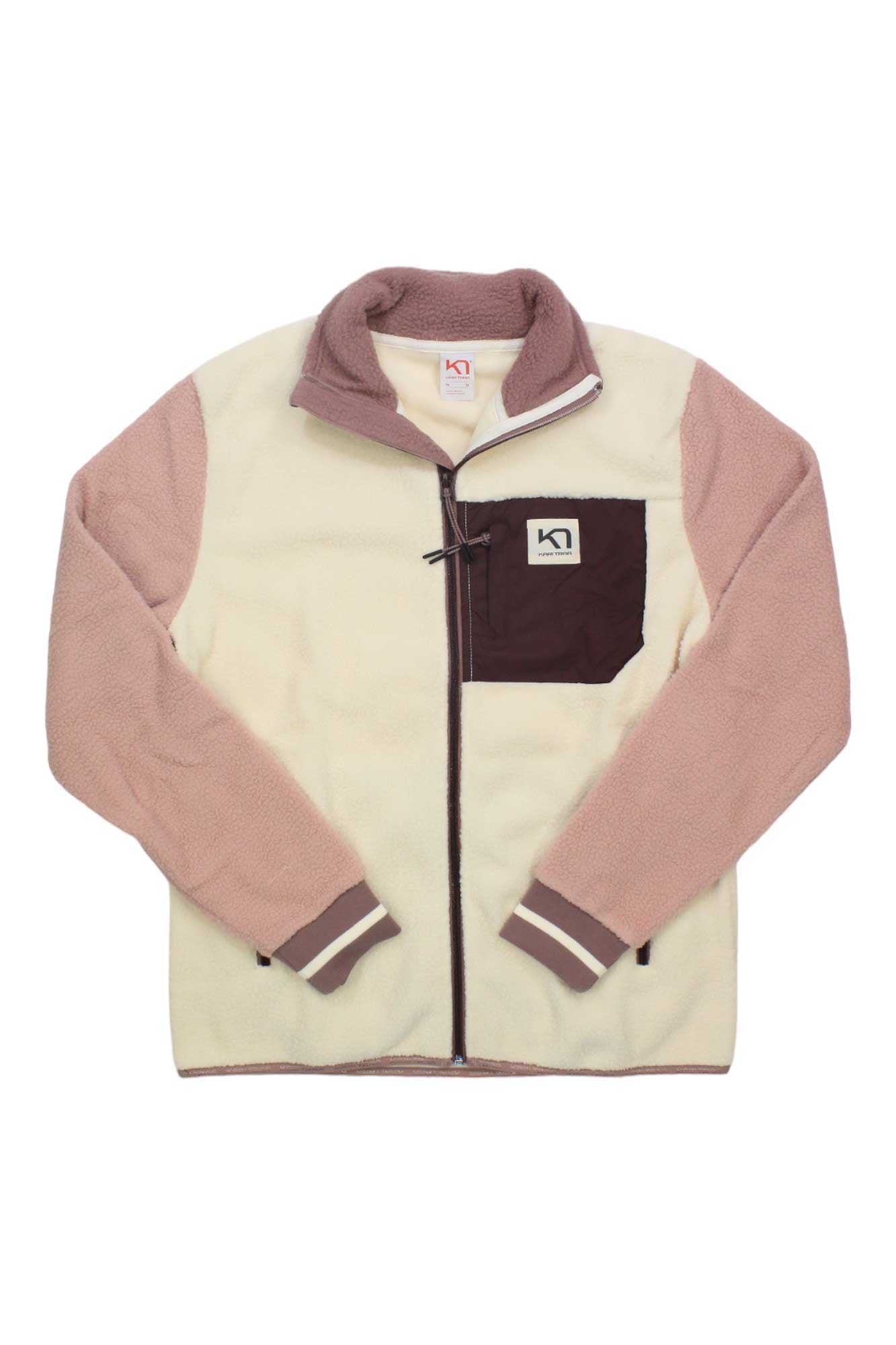 The Rothe Fleece Jacket features cream and dusty pink fleece with a brown chest pocket, zip front, stand-up collar, brown trim on the pocket and cuffs, a small logo on the chest pocket, inside label, and uses bluesign approved materials.