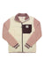 The Rothe Fleece Jacket features cream and dusty pink fleece with a brown chest pocket, zip front, stand-up collar, brown trim on the pocket and cuffs, a small logo on the chest pocket, inside label, and uses bluesign approved materials.