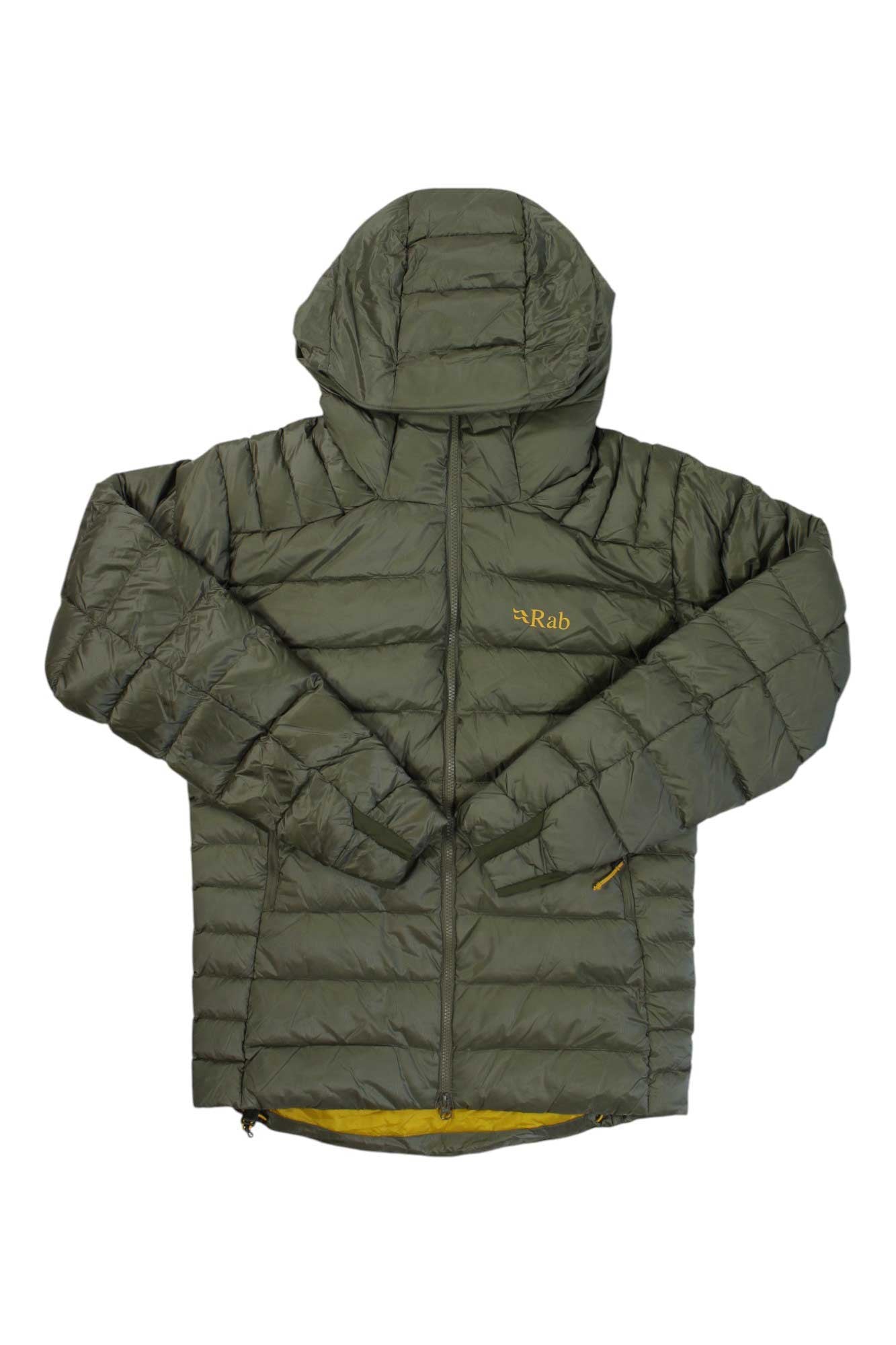 Men’s puffer jacket with hood, olive green, full front zip, quilted insulation