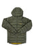 Men’s puffer jacket with hood, olive green, full front zip, quilted insulation