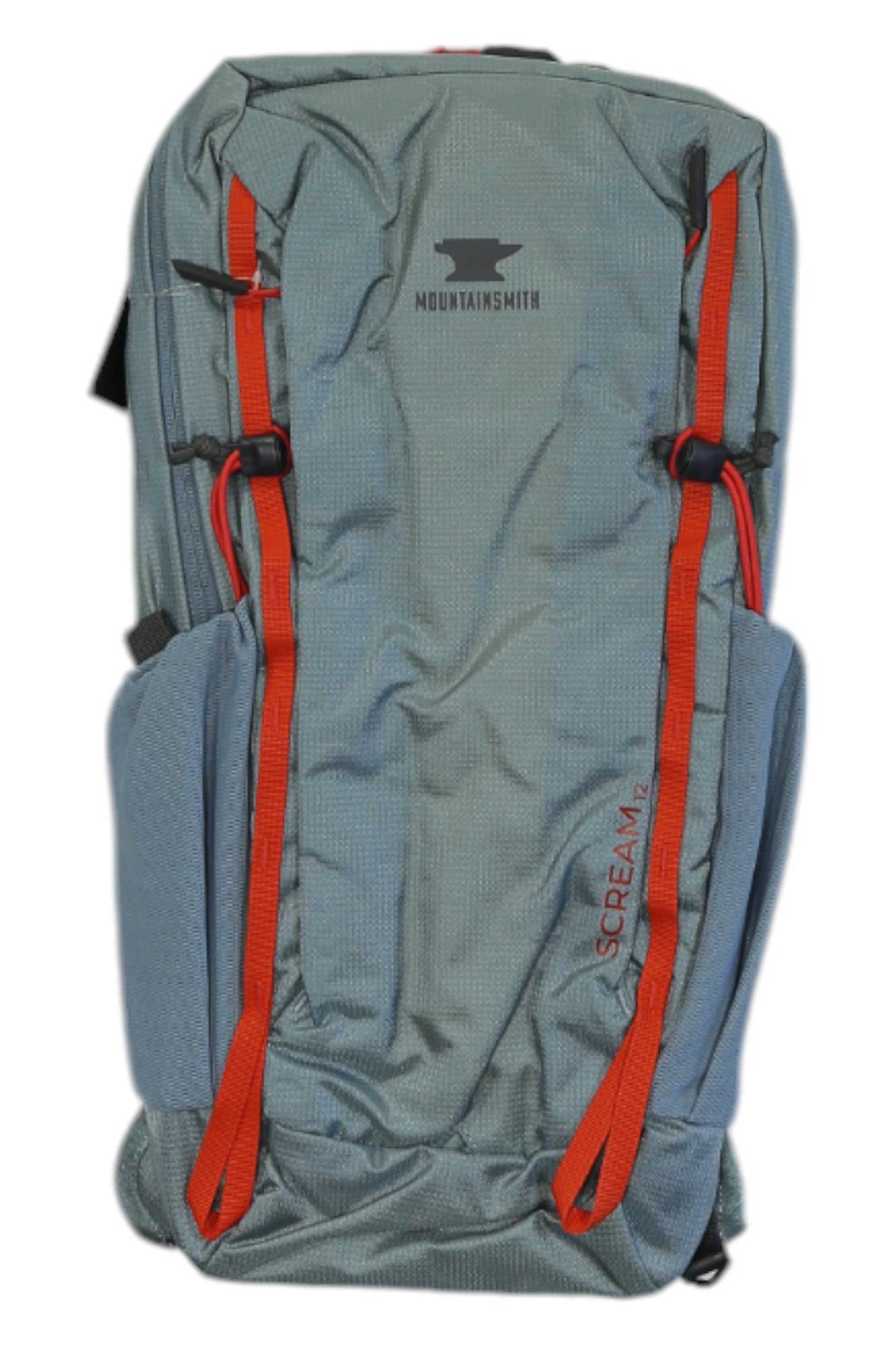 Mountainsmith Scream backpack, gray-blue with red webbing and front straps.