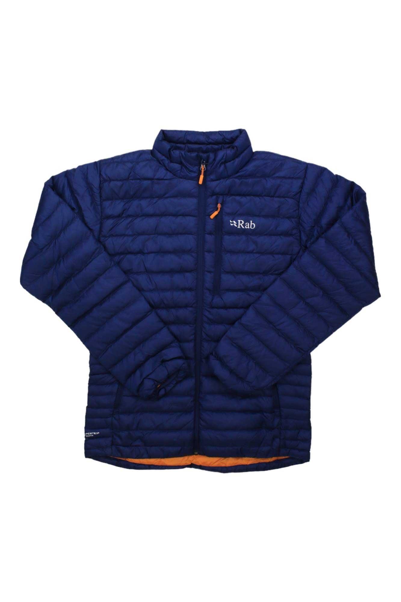 Rab Microlight puffer jacket for men, navy blue with orange/yellow hem trim and zip