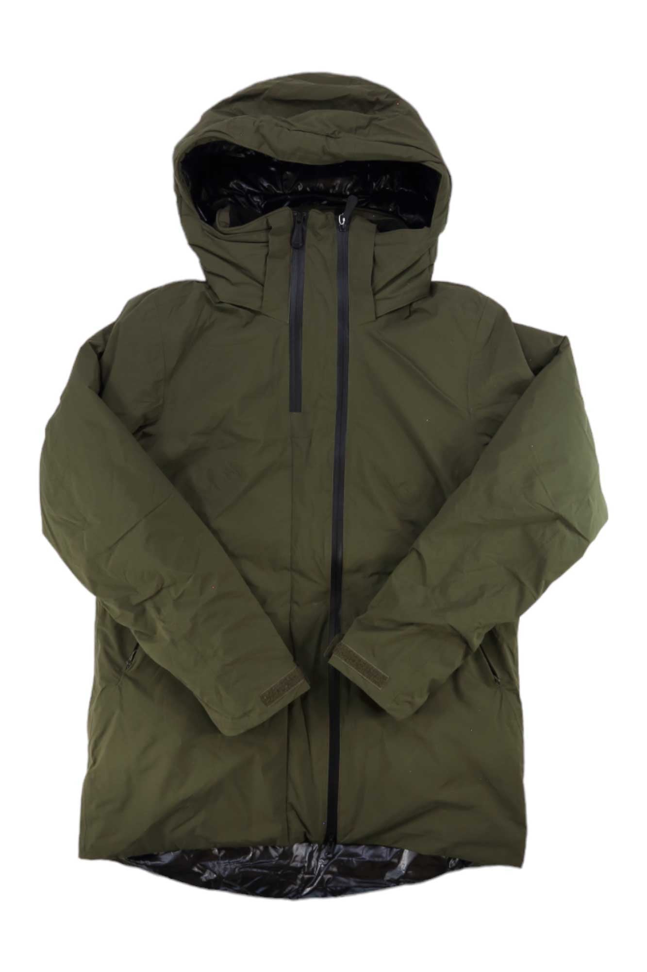 The Helly Hansen Womens Nora Long Insulated Jacket in olive green features a hood, front zipper, long sleeves, and shiny black inner lining. The insulated ski jacket is designed for women and displayed flat on a white background.