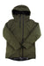 The Helly Hansen Womens Nora Long Insulated Jacket in olive green features a hood, front zipper, long sleeves, and shiny black inner lining. The insulated ski jacket is designed for women and displayed flat on a white background.