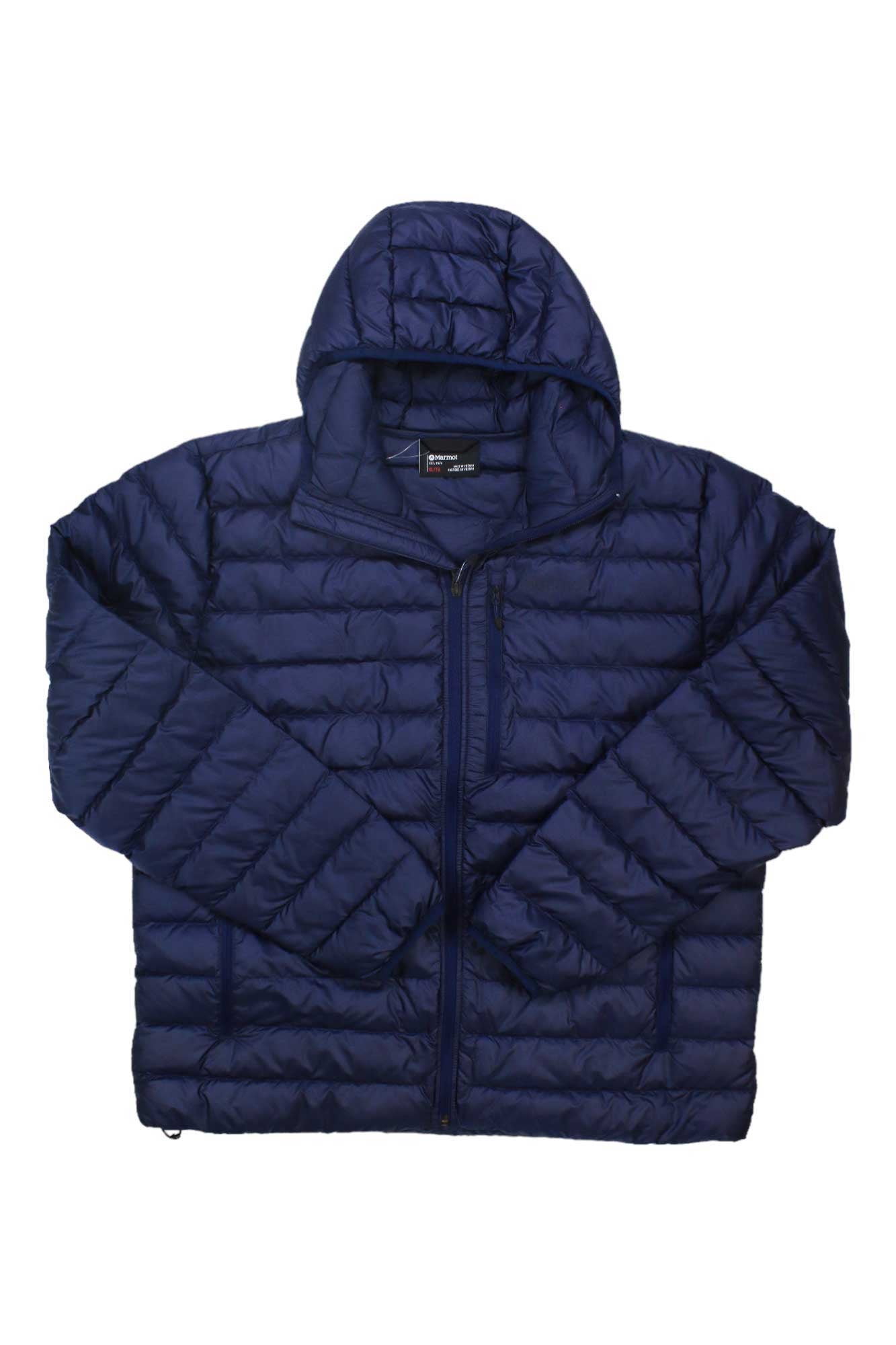A Mens Highlander Hoody, navy blue down jacket with 700 fill power, hood, and front zipper is displayed flat on a white background.