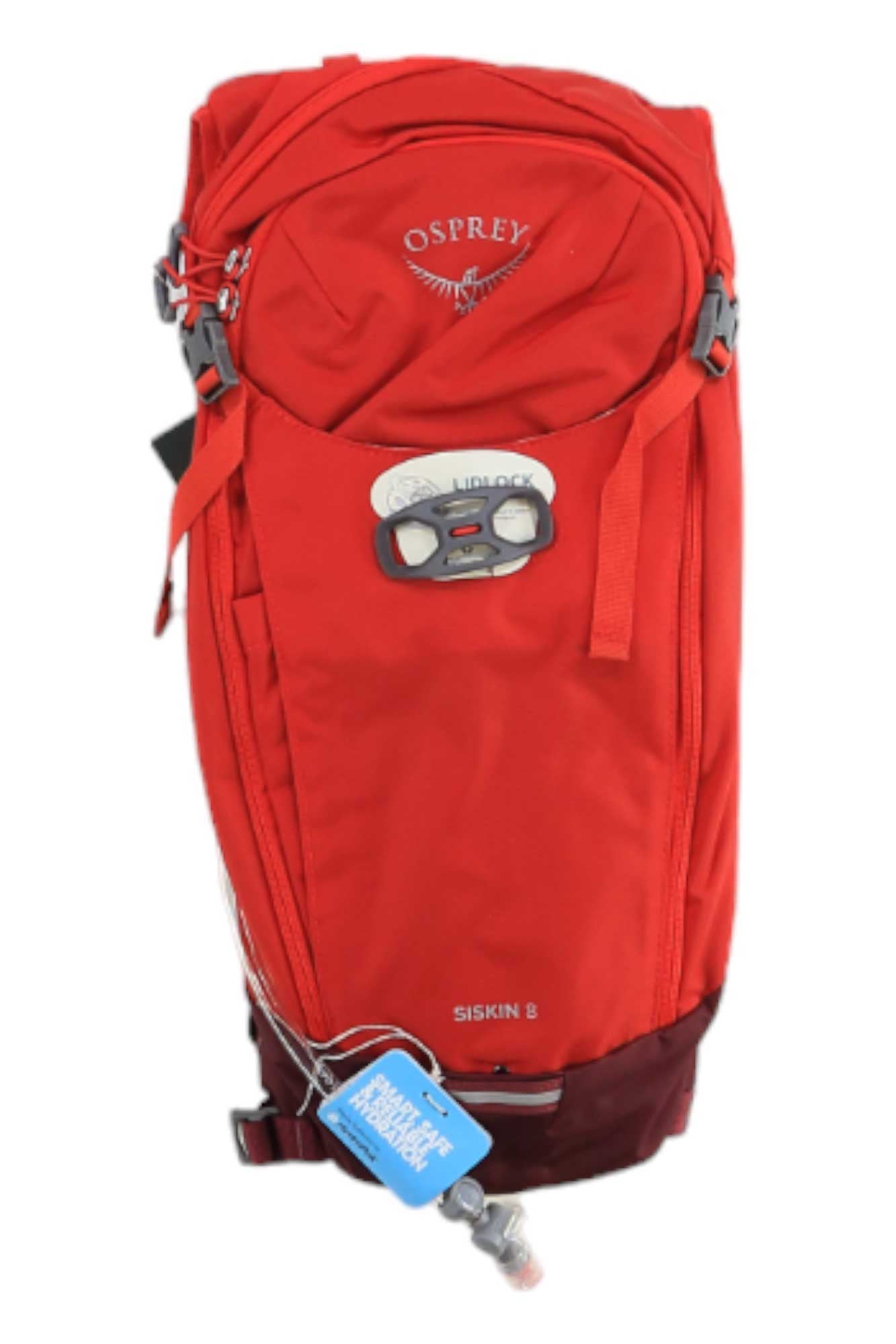 A red Osprey Mens Siskin 8 Bike Hydration Pack with a combination lock on the front pocket and a blue “Inspected” tag on the zipper, ready for delivery to US addresses.