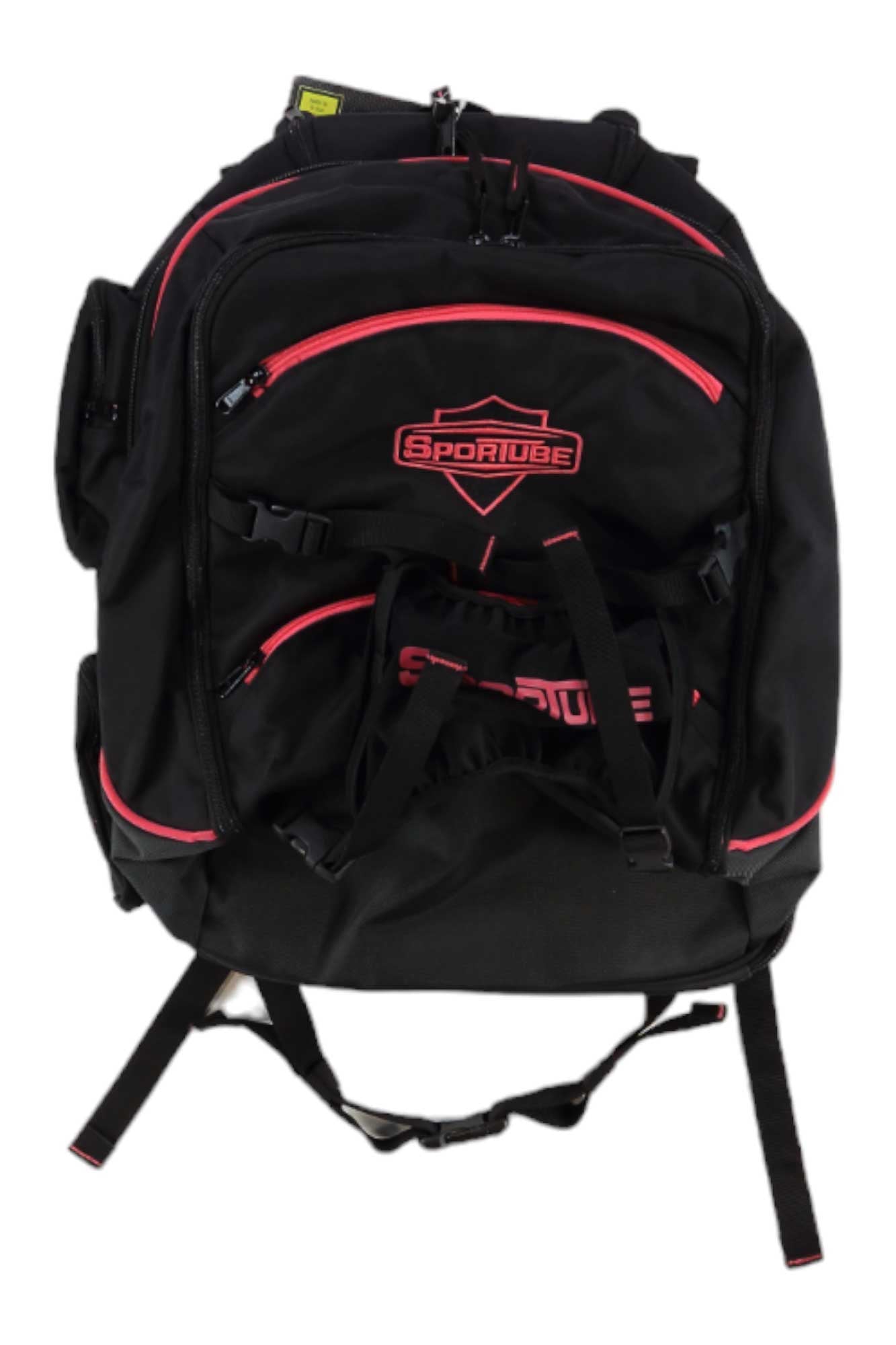 The Sportube Overheader Boot Bag in black with red accents features multiple zippered compartments, buckles, adjustable shoulder straps, and a padded, water-resistant boot compartment—displayed on a white background.