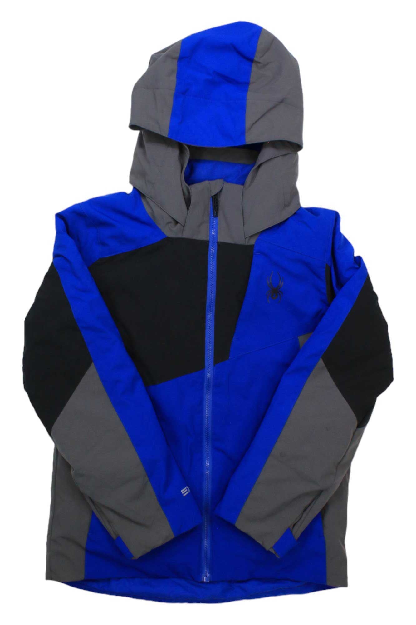 The Spyder Boys Ambush Jacket is a blue, gray, and black ski jacket with an abstract color-block design, front zipper, PrimaLoft Black Eco insulation, and a small spider logo on the chest.