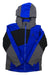 The Spyder Boys Ambush Jacket is a blue, gray, and black ski jacket with an abstract color-block design, front zipper, PrimaLoft Black Eco insulation, and a small spider logo on the chest.