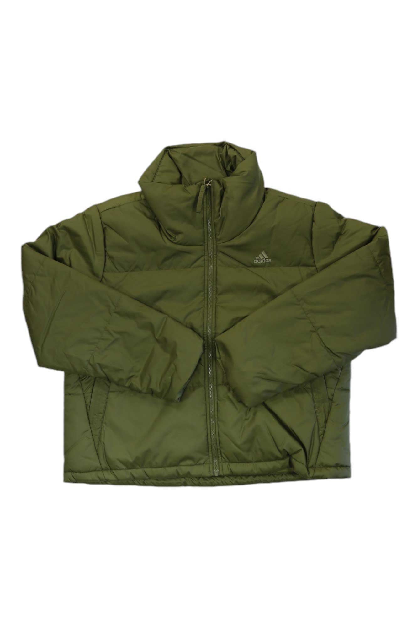 The olive green Adidas Womens BSC Padded Jacket features a high collar, full front zipper, long sleeves, synthetic insulation, and a small Adidas logo on the left chest.