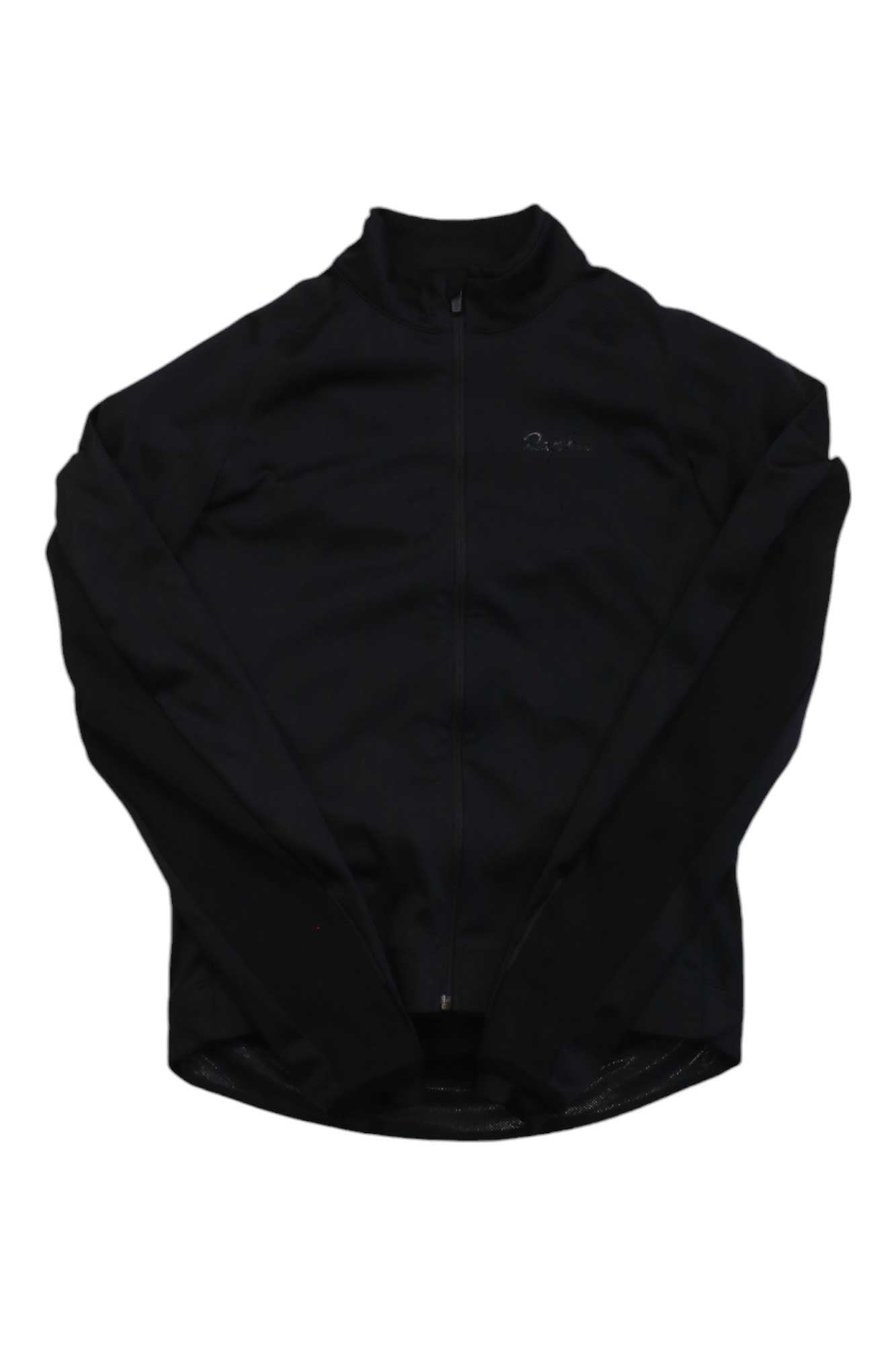 A Mens Core Winter Jacket in plain black is laid flat on a white background, with the sleeves slightly crossed at the wrists.