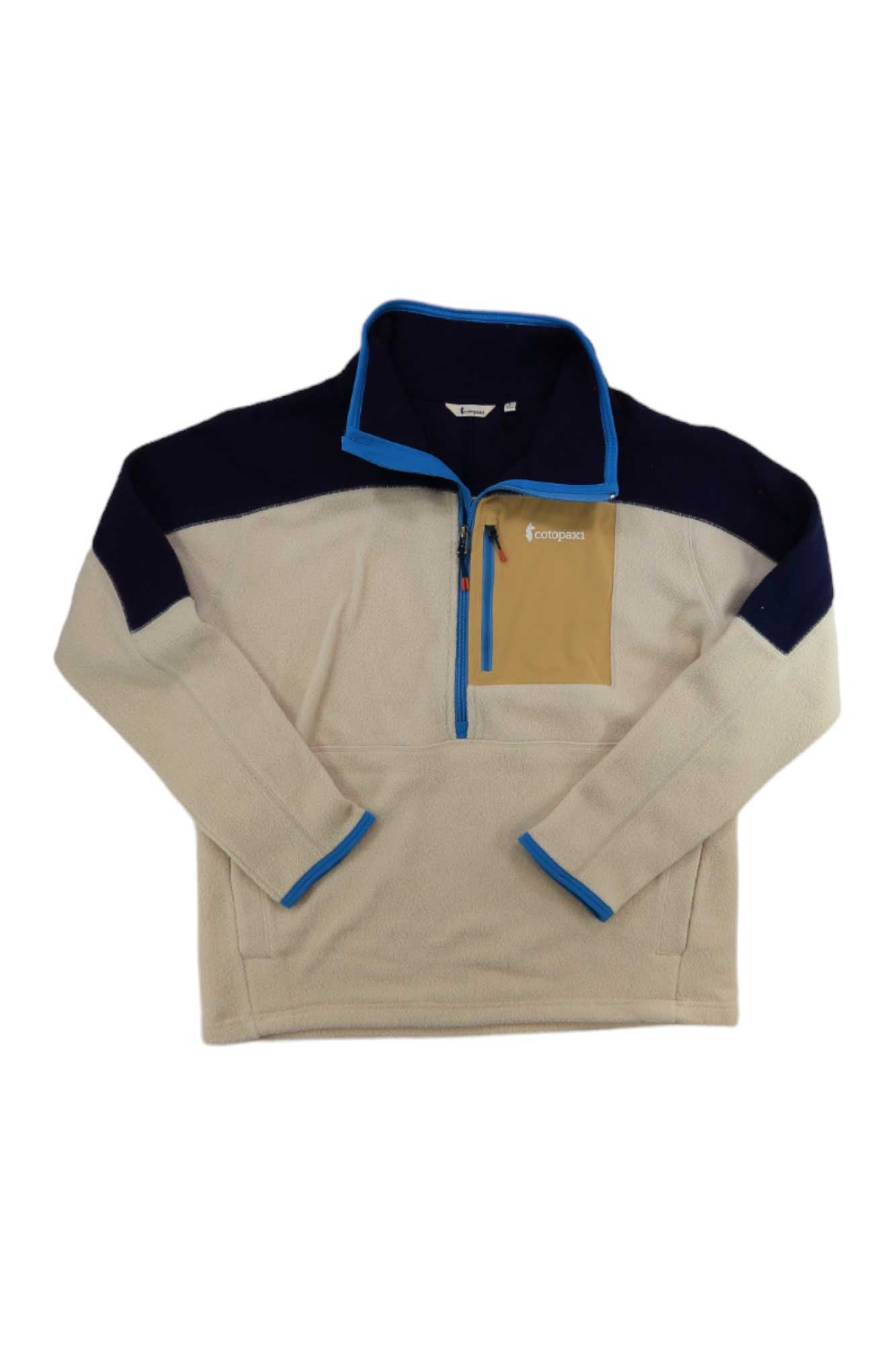 Cotopaxi Womens Abrazo Half-Zip Fleece Jacket features cream with navy and tan accents, blue trim, and is made from recycled polyester—a stylish choice for women’s adventures.
