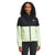 A woman smiles slightly against a plain white background wearing The North Face Womens Antora Rain Hoodie, a windproof color-block jacket with an adjustable hood in black and light green.