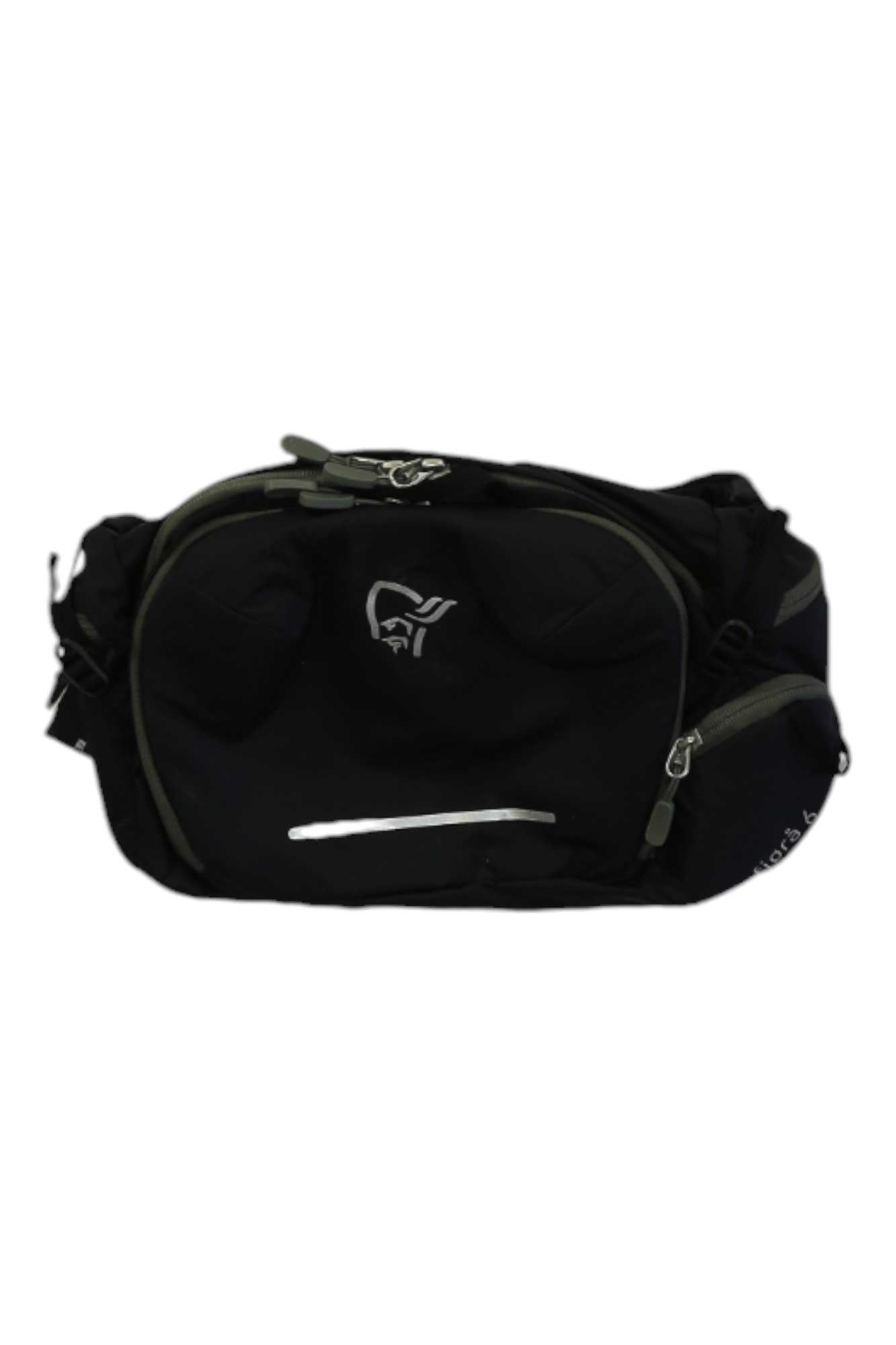 The Norrona Fjora Econyl195 6L Hip Pack is a black, water repellent hip pack with gray zippers, several compartments, and a small white logo on the front. Perfect for mountain biking or carrying daily essentials. Displayed on a plain white background.