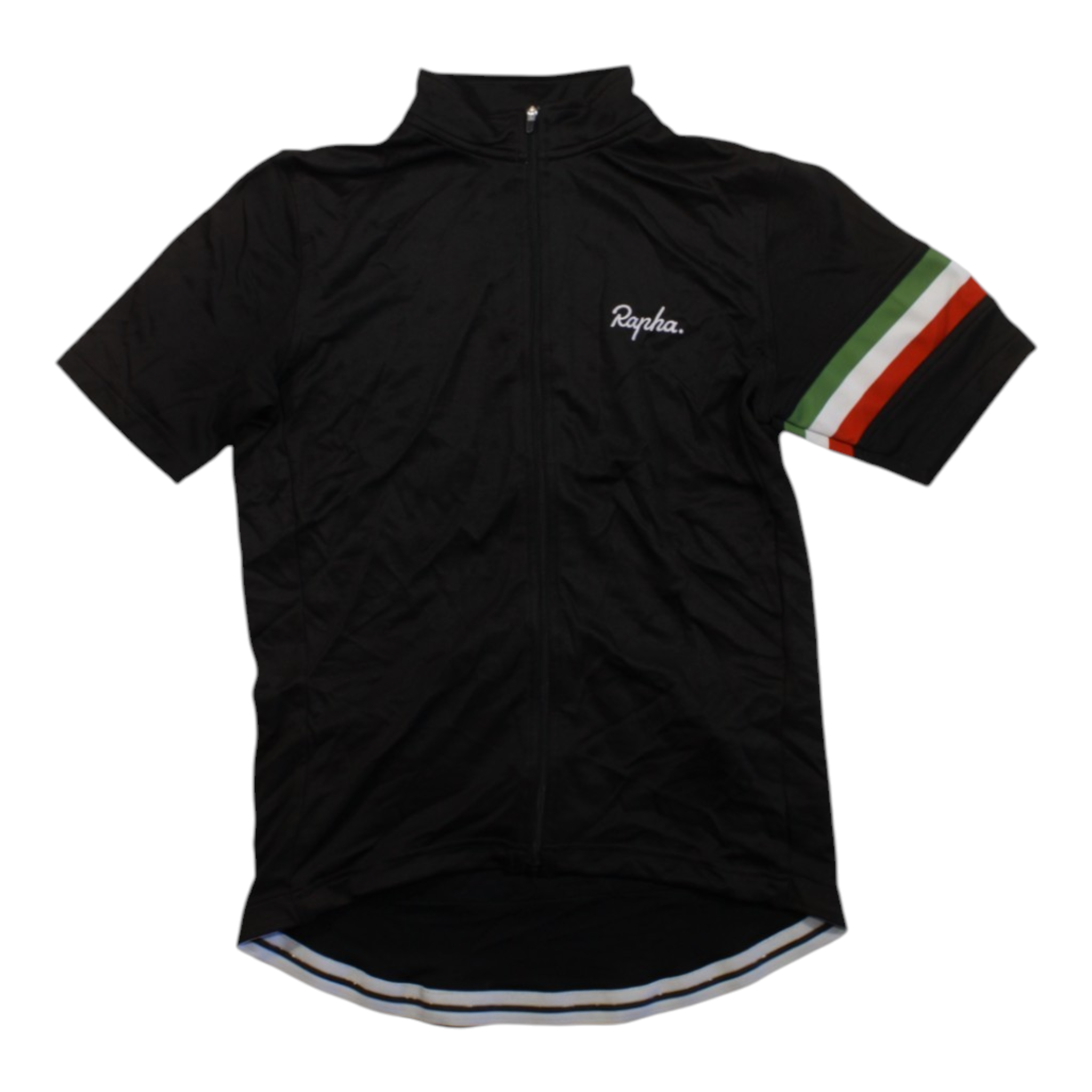 Men's Clubhouse cycling jersey, black with multicolor side stripe and full front zip.