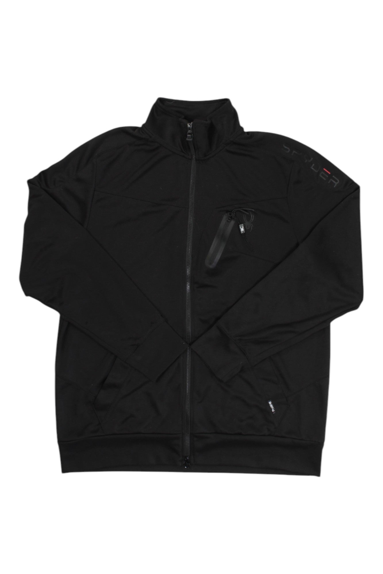 The Spyder Mens Active Full Zip Sweater Jacket is a lightweight black fleece with a high collar, zip chest pocket, SPYDER branding on the left shoulder, and fast-drying polyester. Displayed flat on a white background.