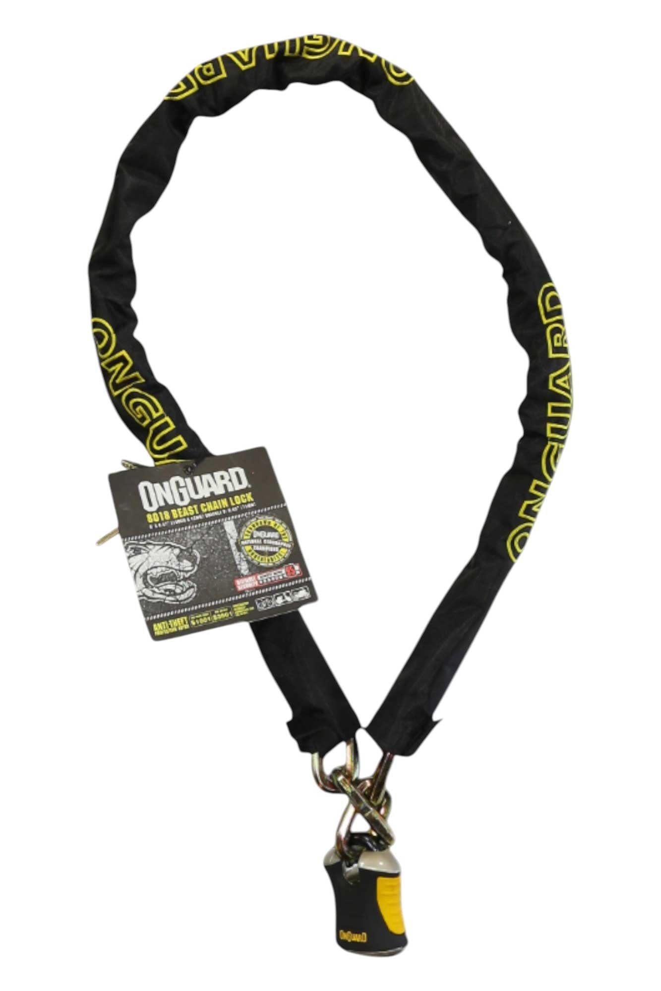 A black OnGuard Beast Chain - X2 PadLock bike lock with yellow lettering, featuring a hardened steel chain, an attached key lock, and a product tag displaying information hanging from the lock.