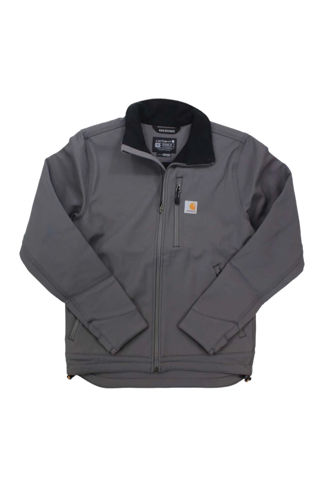 The Carhartt Men's Crowley Jacket in gray features a black collar, zippered chest pocket, small Carhartt logo patch, Rain Defender tech, long sleeves, and convenient front pockets for utility.
