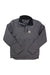 The Carhartt Men's Crowley Jacket in gray features a black collar, zippered chest pocket, small Carhartt logo patch, Rain Defender tech, long sleeves, and convenient front pockets for utility.