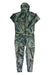 The Airblaster Mens Classic Ninja Suit is a one-piece jumpsuit with a hood, short sleeves, and zipper front, featuring green, brown, and white camouflage like a snowy forest—ideal as a men's base layer.