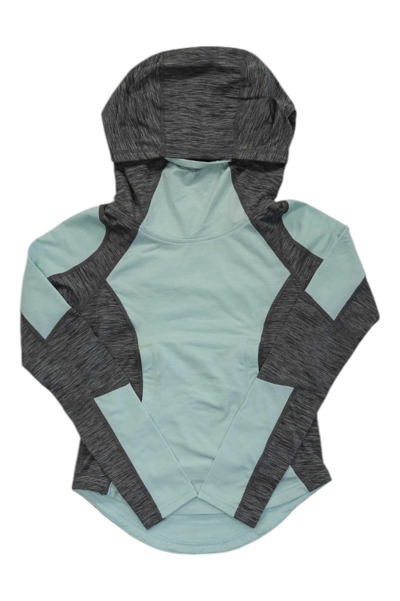 The Obermeyer Kid's Cora Hoodie features long sleeves, a hood, a light blue body, and dark gray heathered panels on the sleeves, sides, and hood. Shown laid flat on a white background.