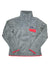 The Women's Re-Tool Snap-T Pullover is a gray fleece made from recycled polyester, featuring a high collar, long sleeves, red-trimmed chest pocket and cuffs, hem with red trim, and a small rectangular logo on the chest pocket.
