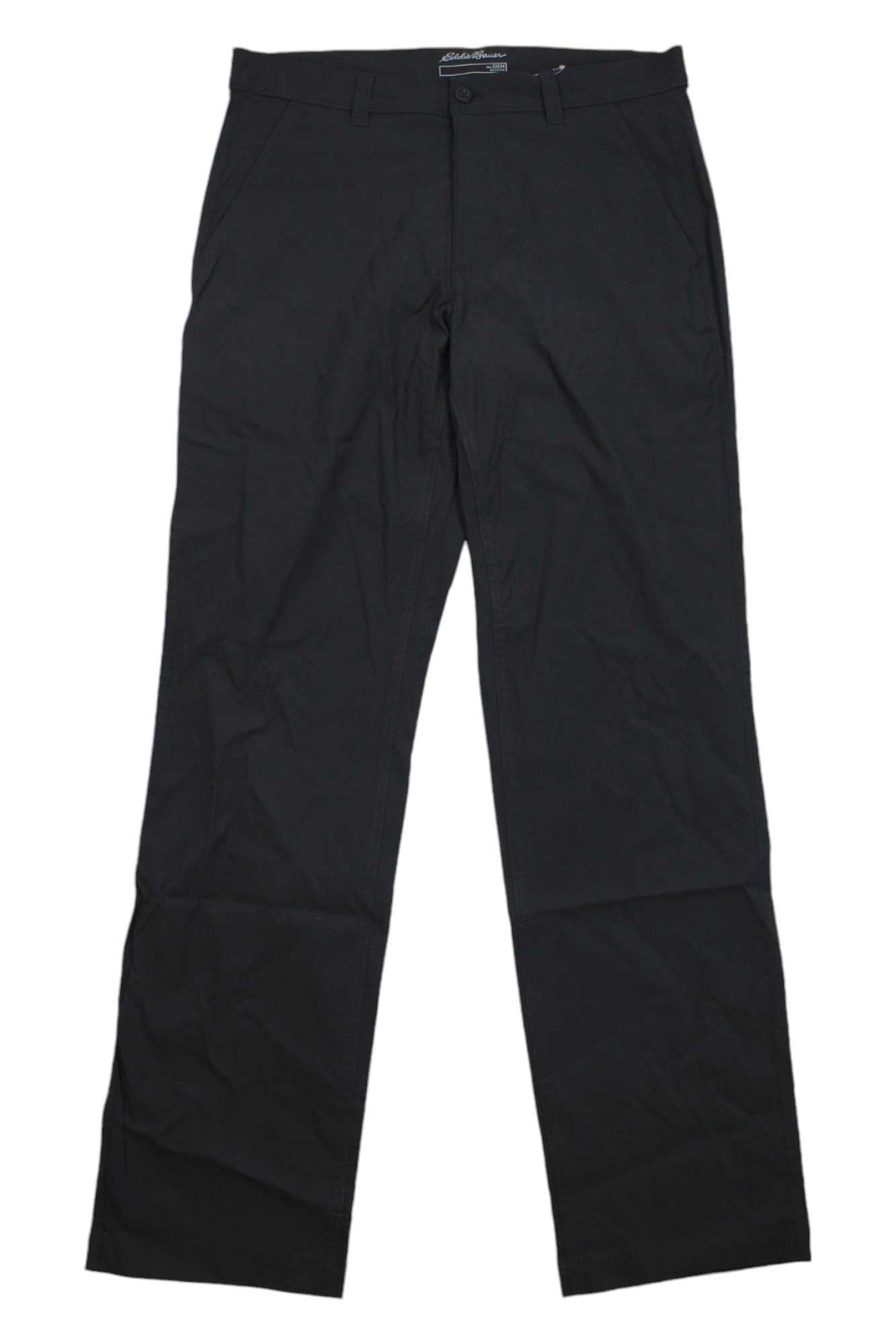 The Eddie Bauer Travex Men's Horizon Guide Chino Pant in black is water-resistant with a front button and zipper closure, belt loops, and straight legs—perfect for travel. Laid flat on a white background, they showcase practical style.
