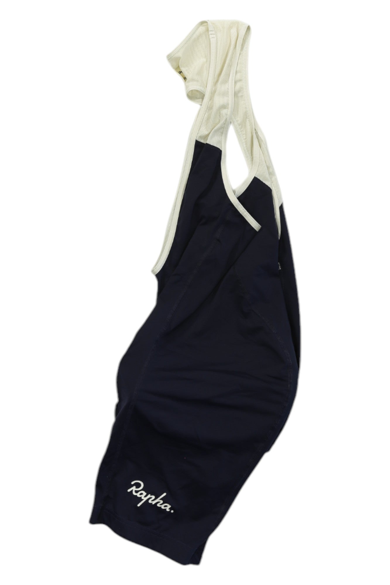 Navy cycling bib shorts with cream bib straps and white side trim