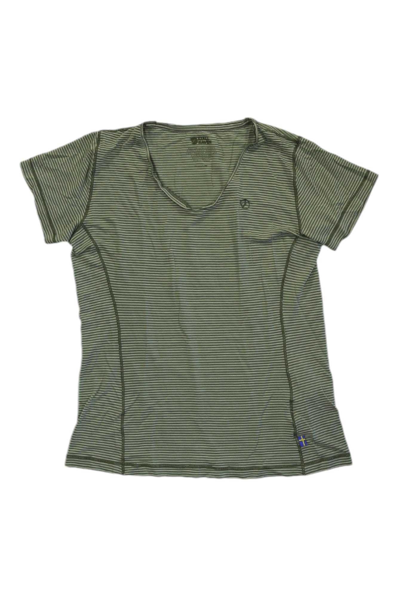 Fjallraven women's Abisko Cool T-shirt, green striped v-neck, short sleeves